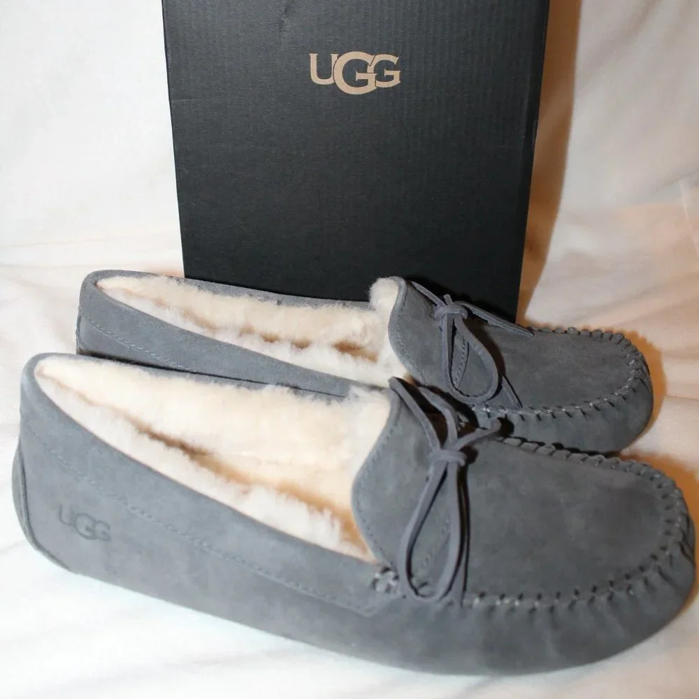 NIB UGG MEN'S‎ SLIP ON SUEDE SHEARLING TIE SLIPPERS GRAY